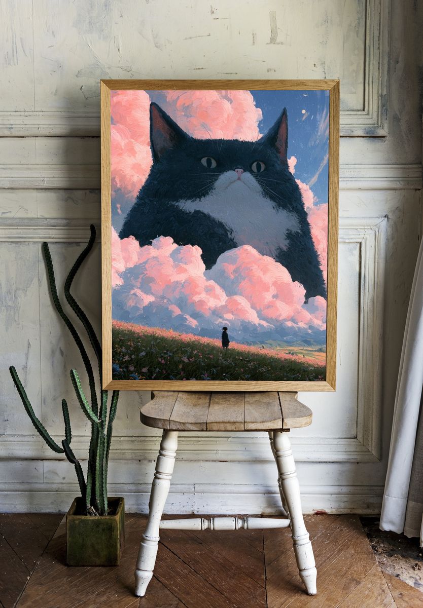 Dreamy Cat in the Clouds Print. room preview