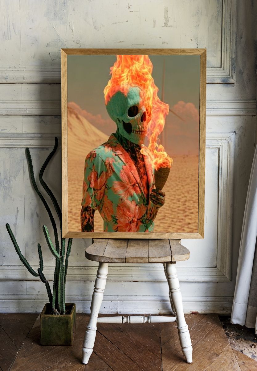 Flaming Skull Desert Surrealism Print. — room view 1