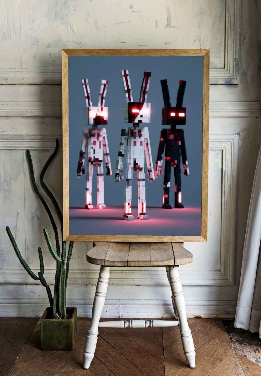 Glowing Pixel Rabbits Illustration Poster. room preview