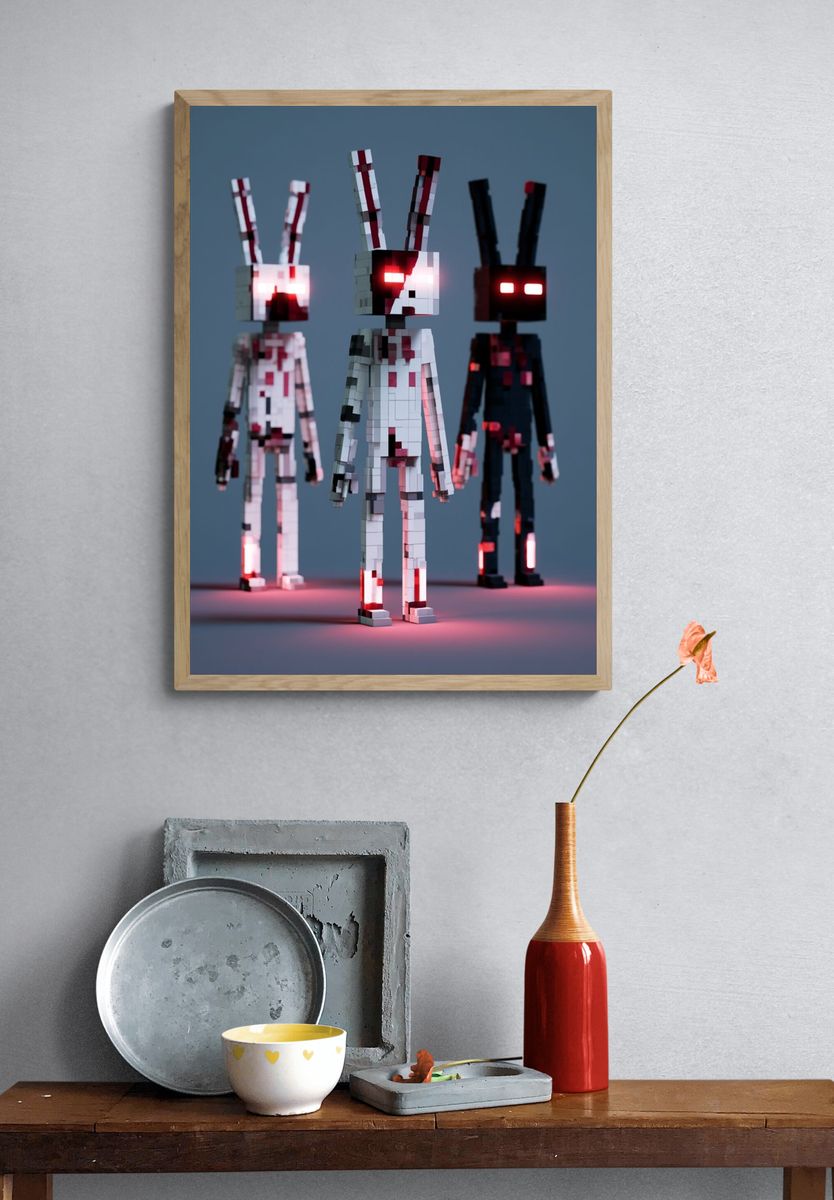 Glowing Pixel Rabbits Illustration Poster. — room view 3
