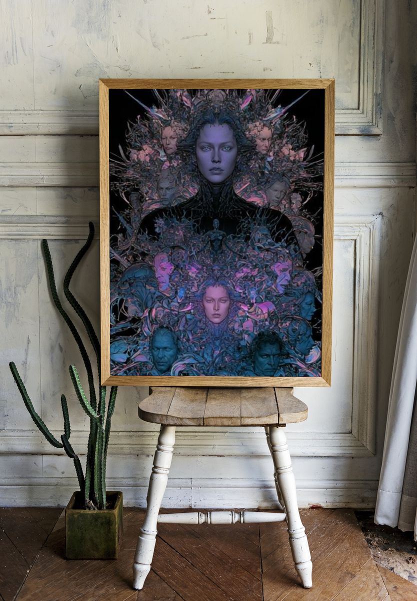 Surreal Neon Faces Illustration Poster. — room view 1