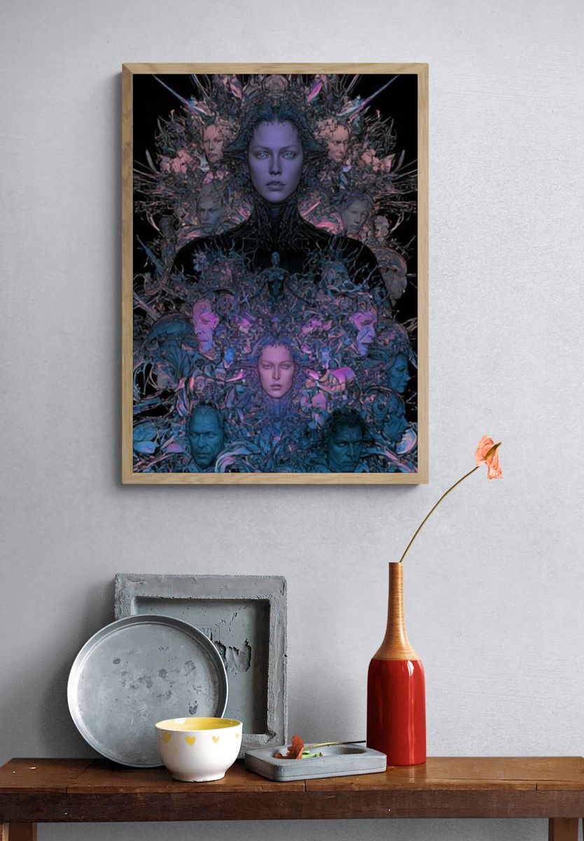 Surreal Neon Faces Illustration Poster. — room view 3