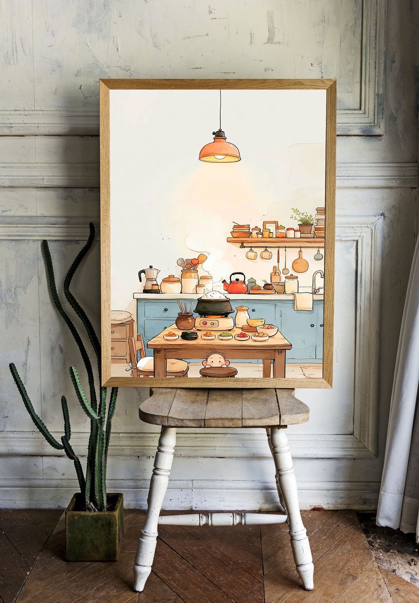 Cozy Kitchen Scene Illustration Poster. — room view 1