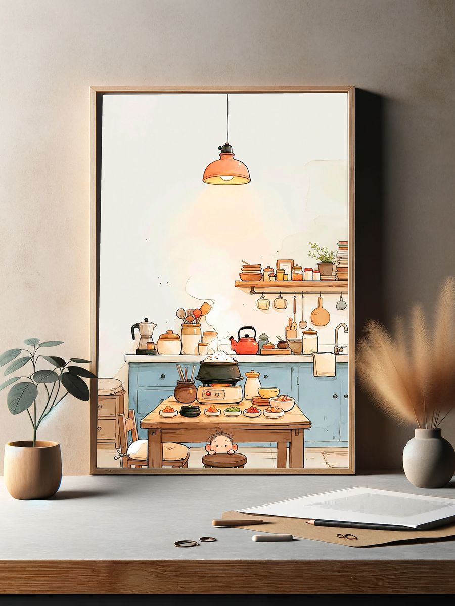 Cozy Kitchen Scene Illustration Poster. — room view 2
