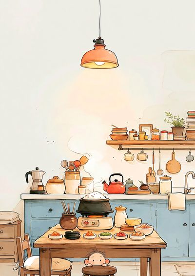 Cozy Kitchen Scene Illustration Poster. poster print