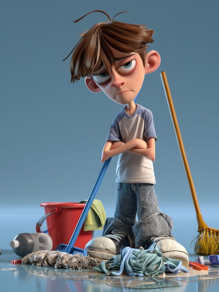 Grumpy Boy Cleaning Scene Poster. poster detail
