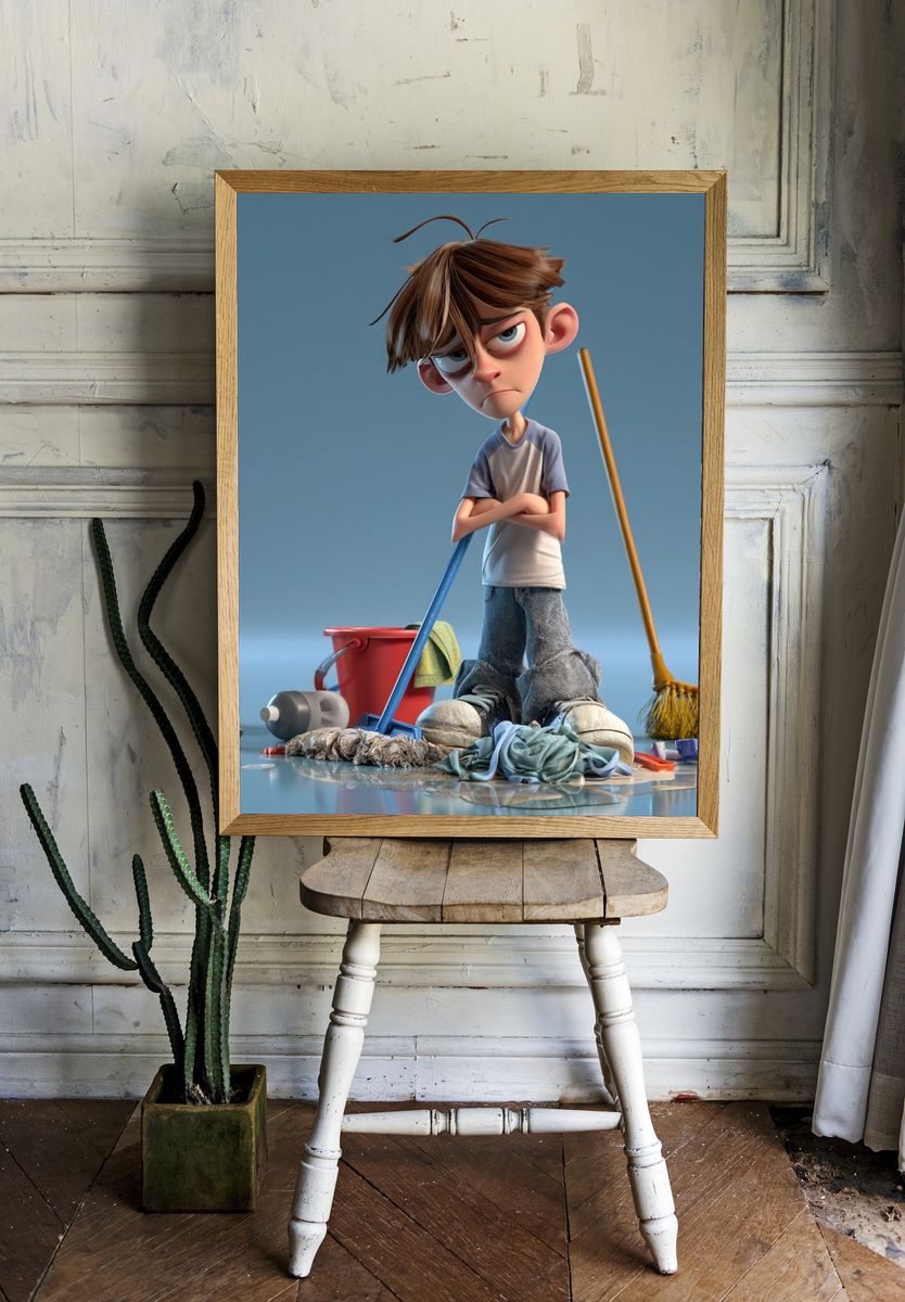 Grumpy Boy Cleaning Scene Poster. room preview
