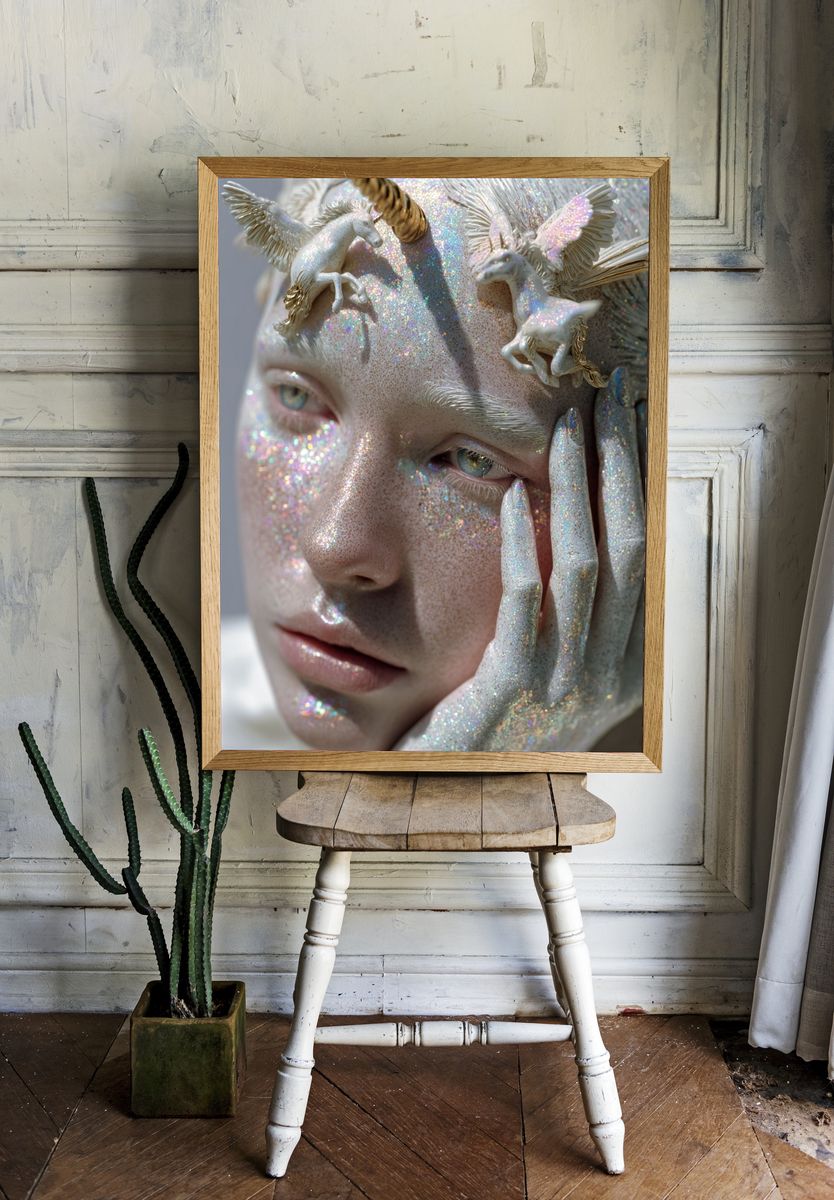 Iridescent Unicorn Portrait Print. room preview