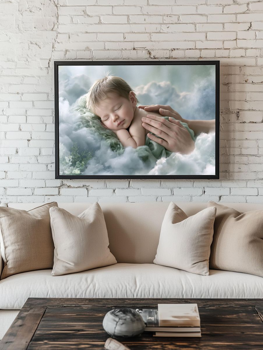 Sleeping Baby in Clouds Illustration Poster. room preview