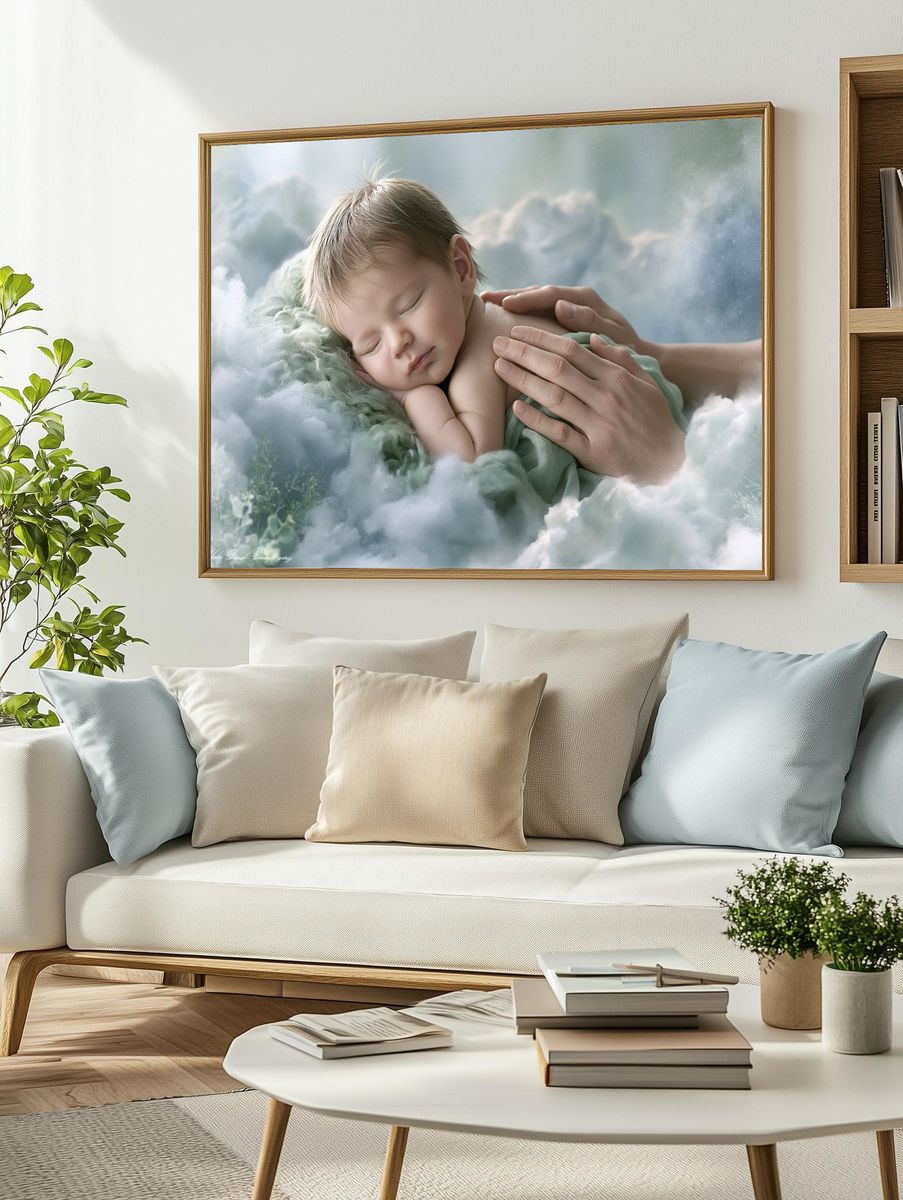 Sleeping Baby in Clouds Illustration Poster. — room view 2