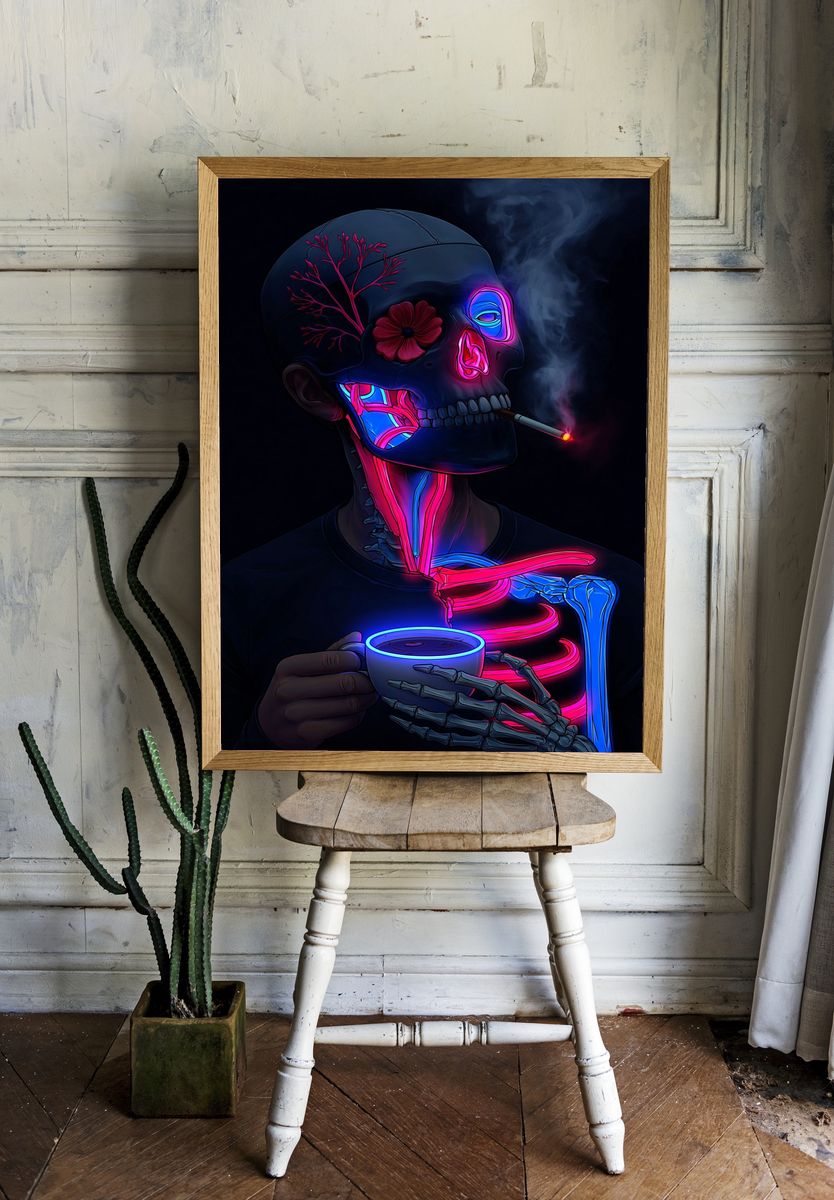 Neon Skull Smoke Illustration Poster. room preview