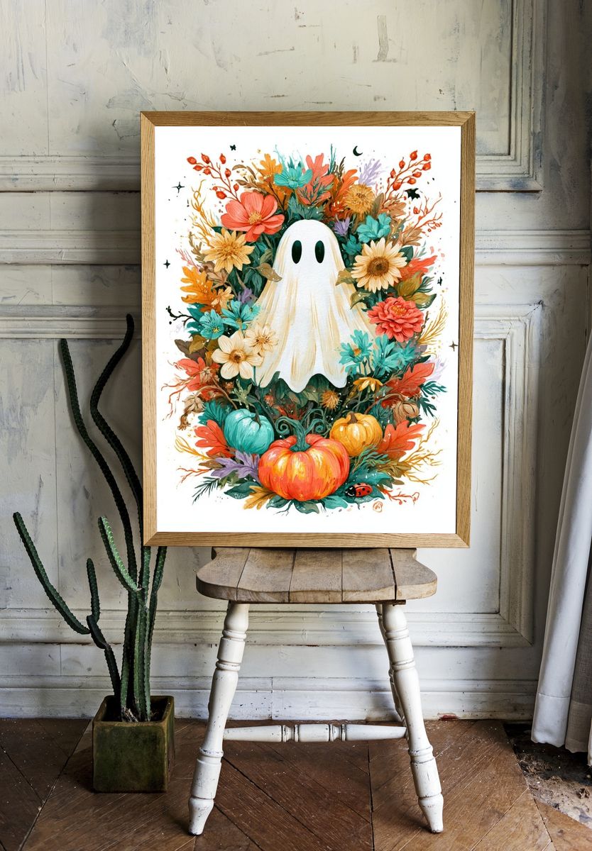 Ghost and Flowers Illustration Poster. room preview