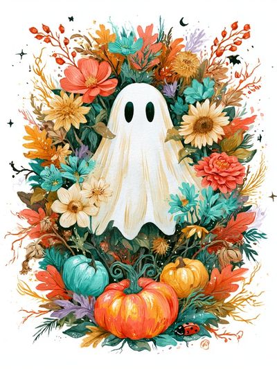 Ghost and Flowers Illustration Poster.