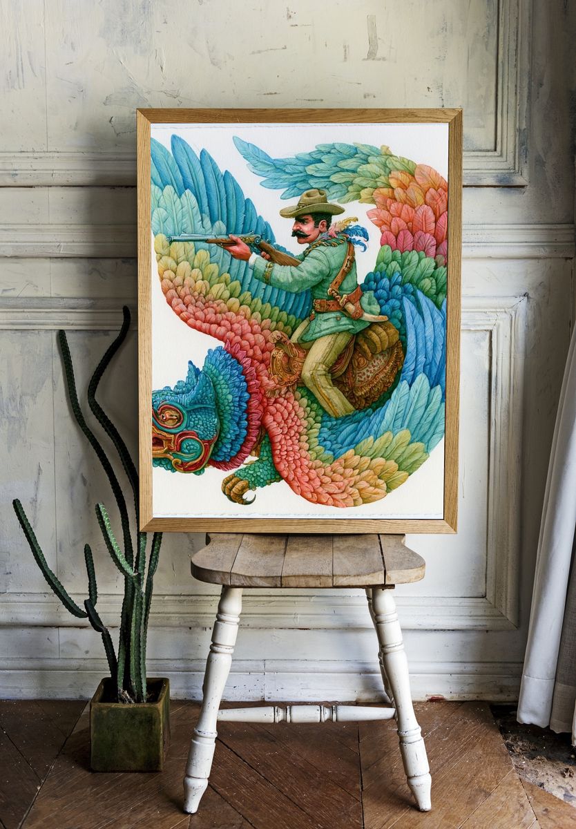Colorful Rider on Mythic Bird Print. room preview