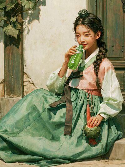 Hanbok Girl with Green Bottle Print.