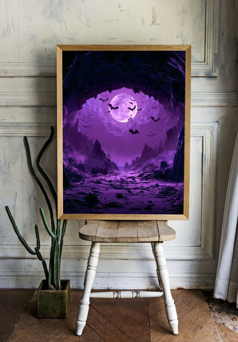 Moonlit Bat Cave Fantasy Print. room preview