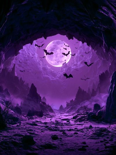 Moonlit Bat Cave Fantasy Print.