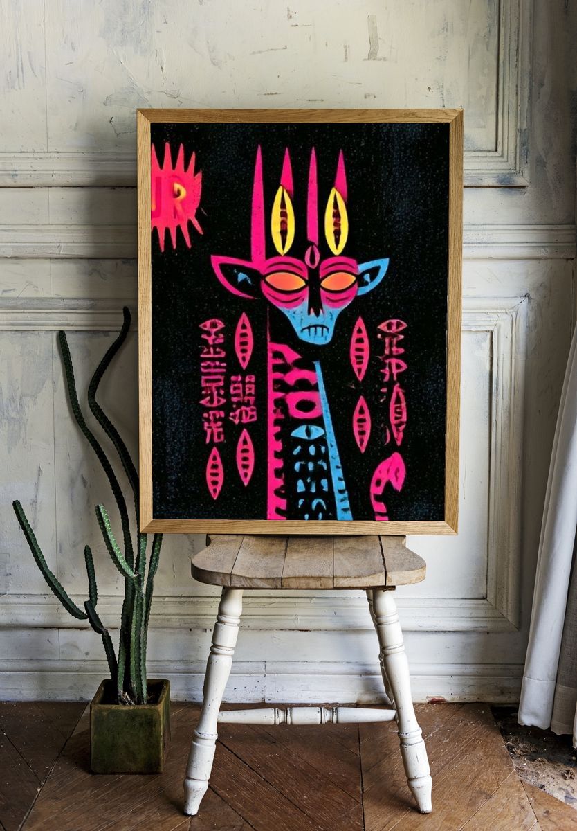 Neon Tribal Mask Typography Poster. room preview