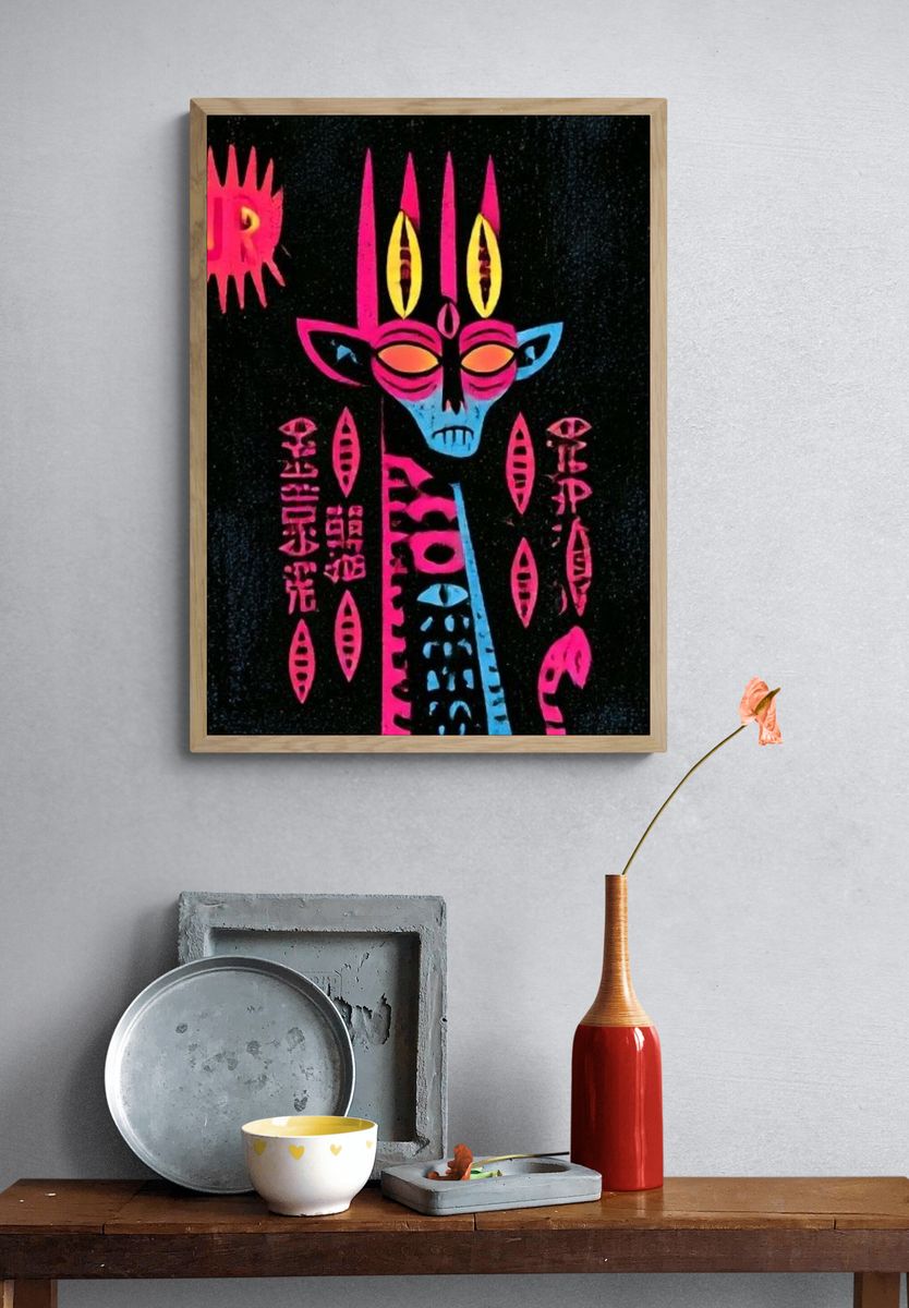 Neon Tribal Mask Typography Poster. — room view 3