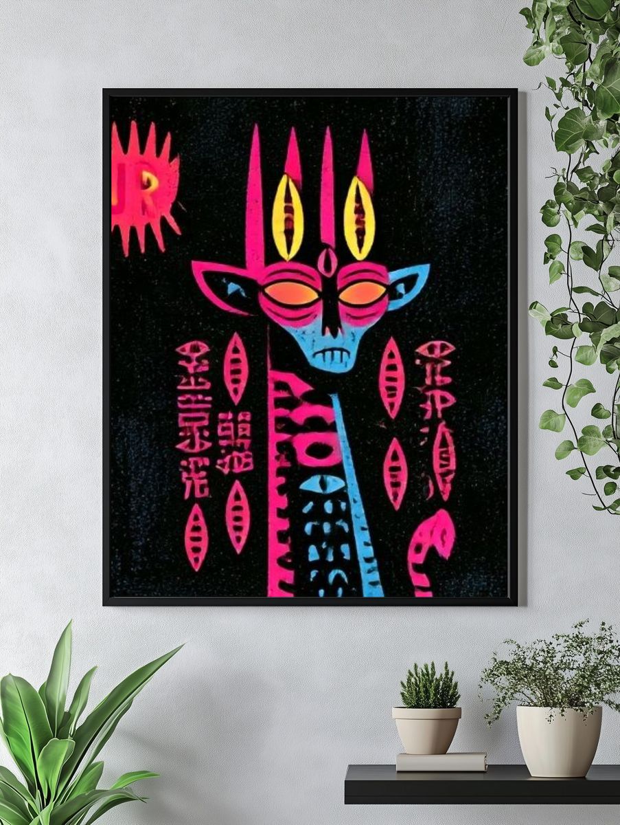 Neon Tribal Mask Typography Poster. — room view 4