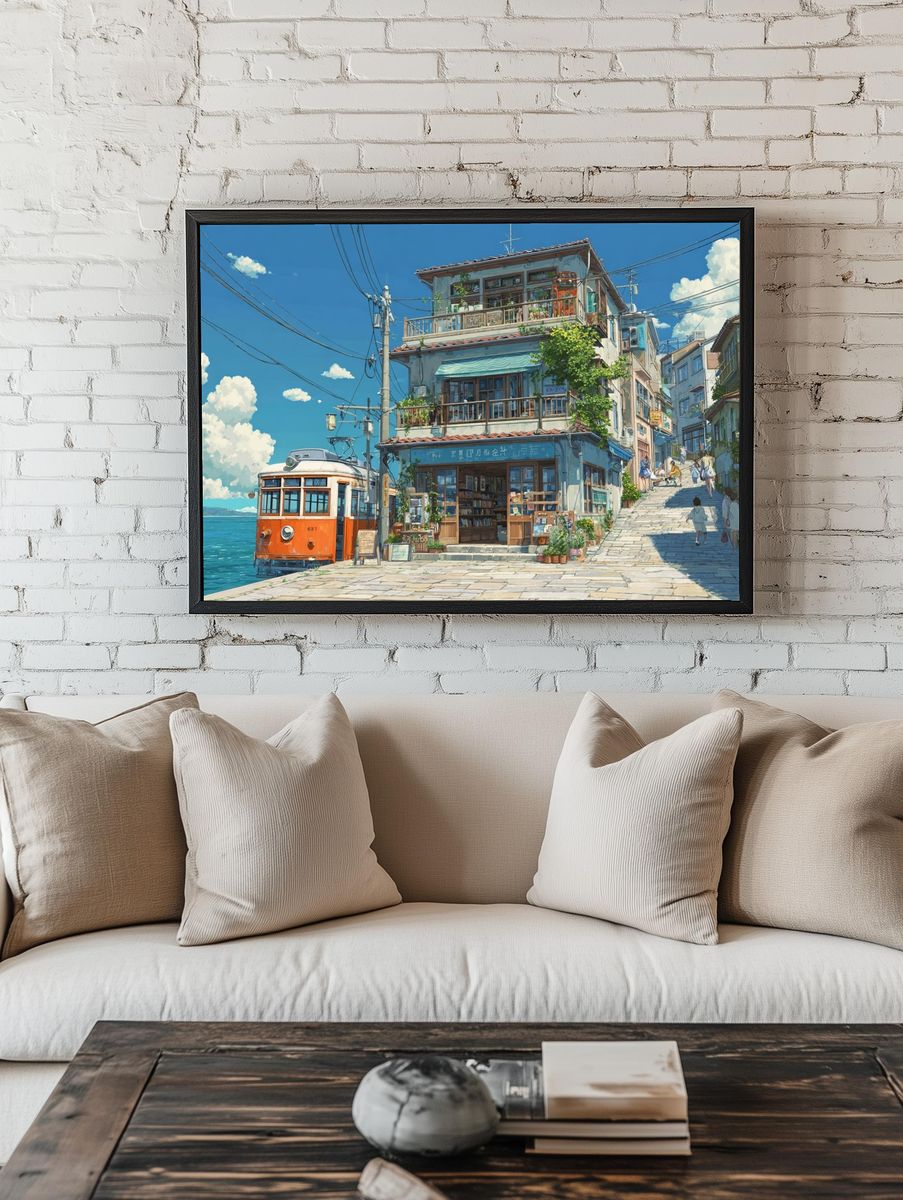 Seaside Tram Street Illustration Poster. — room view 1