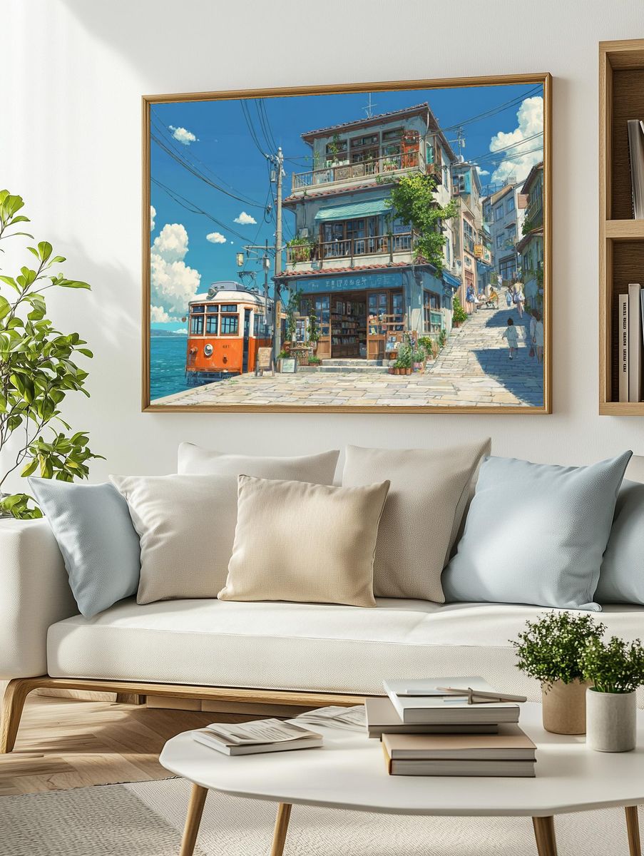 Seaside Tram Street Illustration Poster. — room view 2