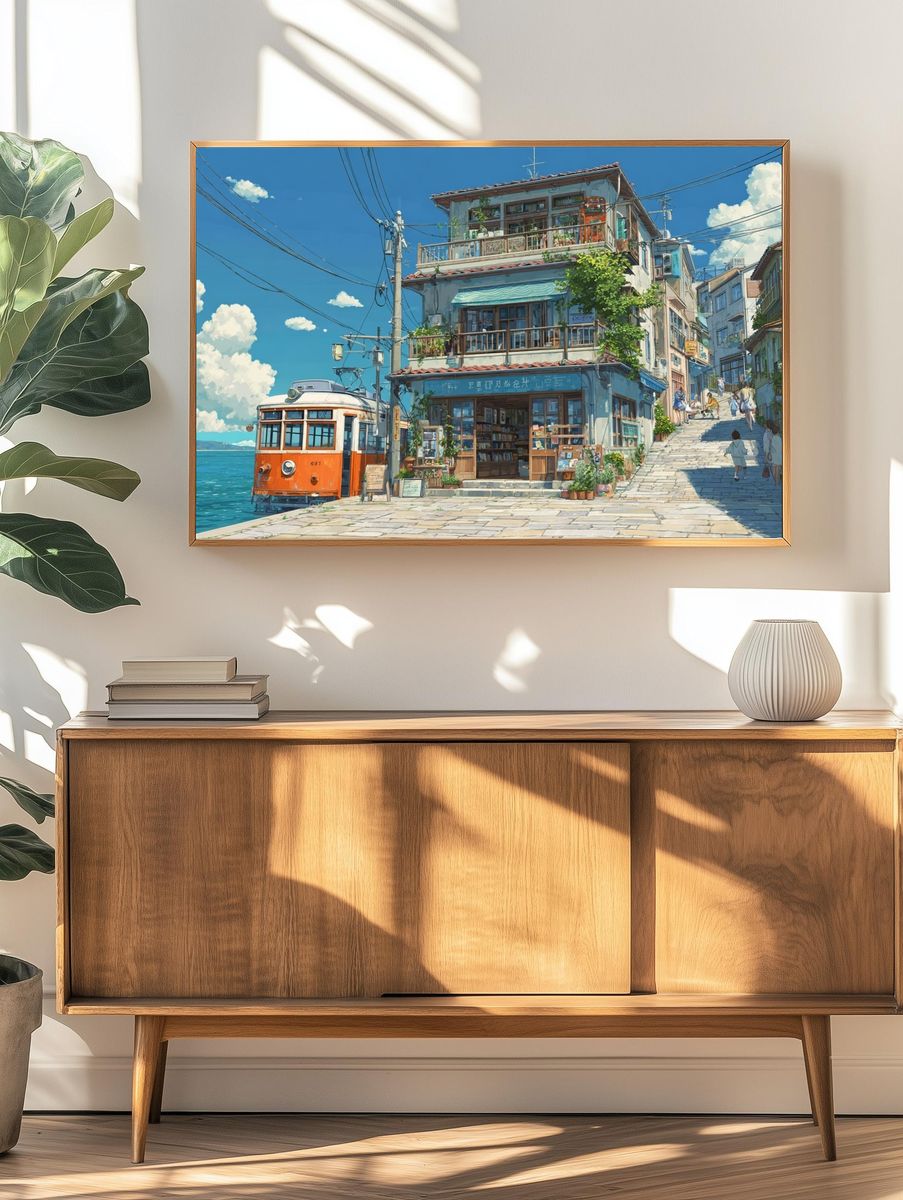 Seaside Tram Street Illustration Poster. — room view 3