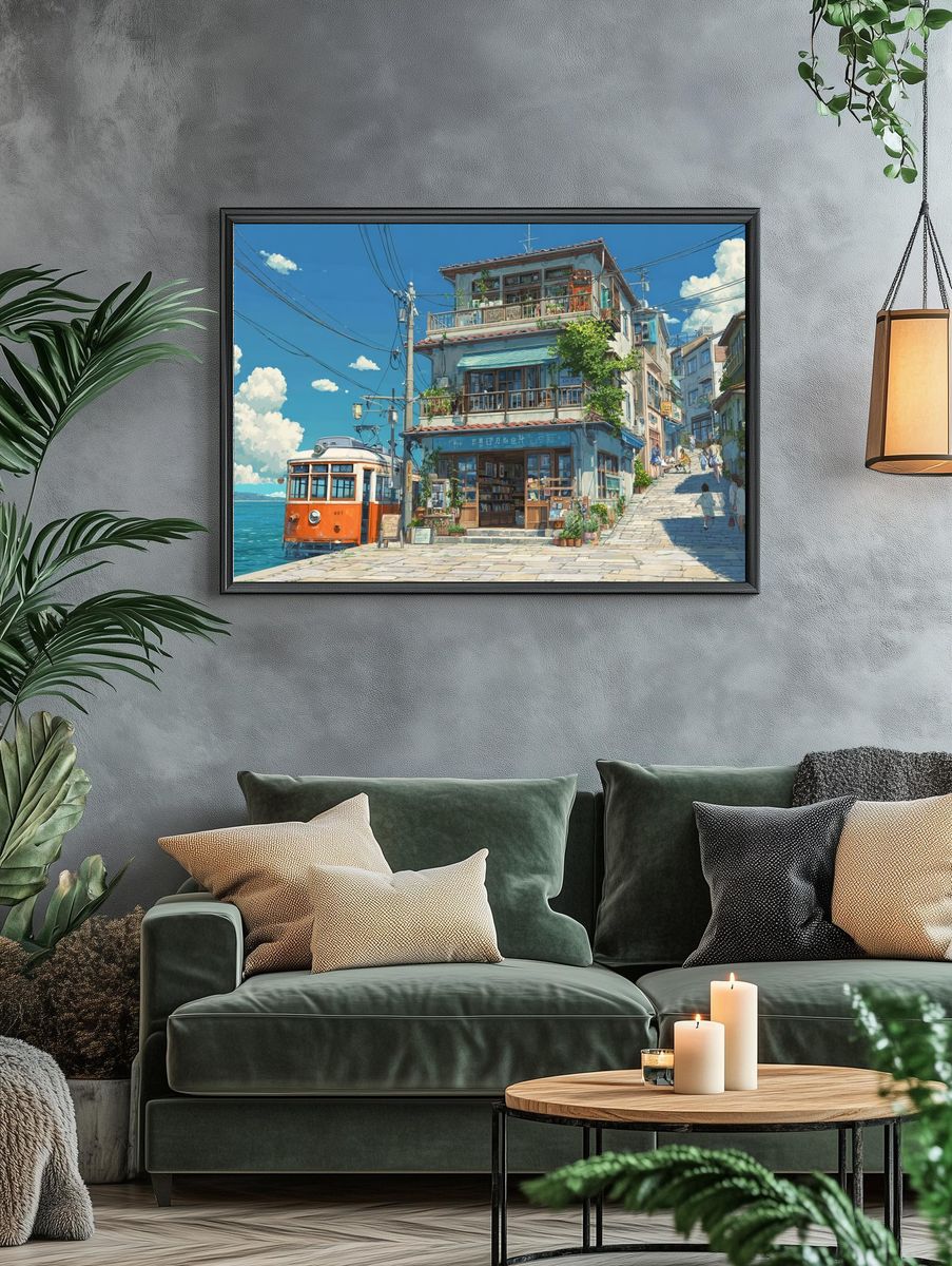 Seaside Tram Street Illustration Poster. — room view 4