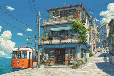 Seaside Tram Street Illustration Poster. poster print