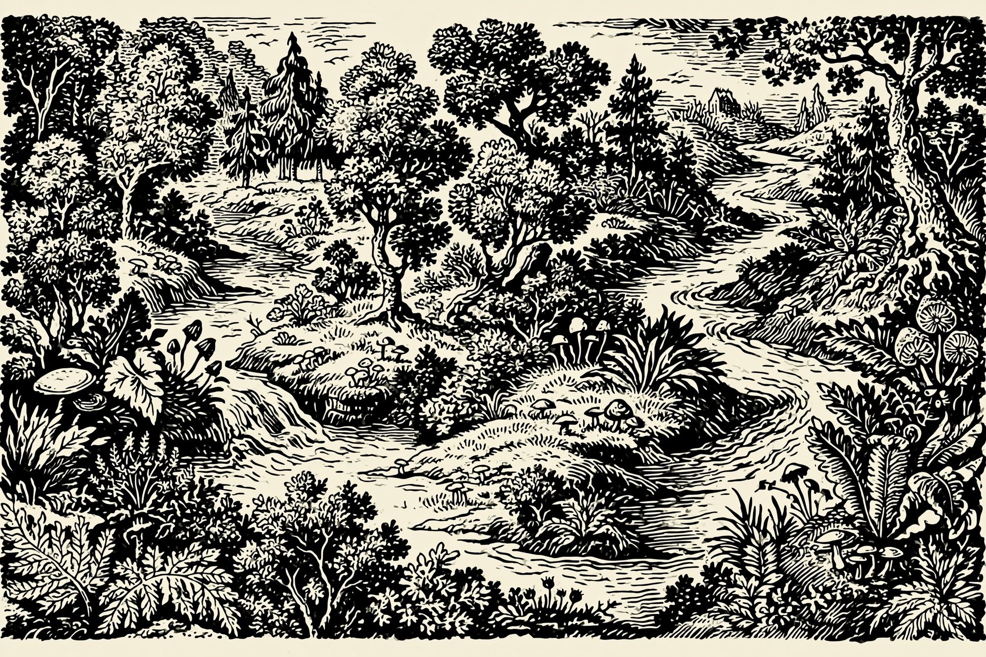 Woodland Stream Ink Illustration Poster. poster — illustration art