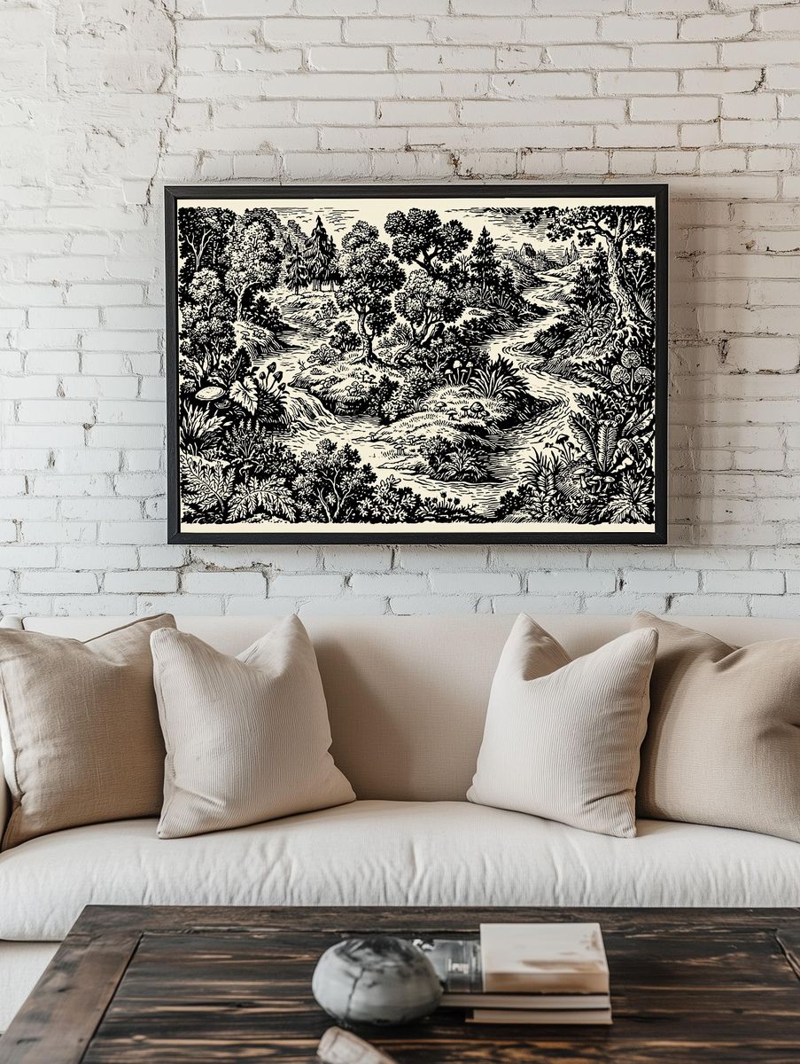 Woodland Stream Ink Illustration Poster. — room view 1