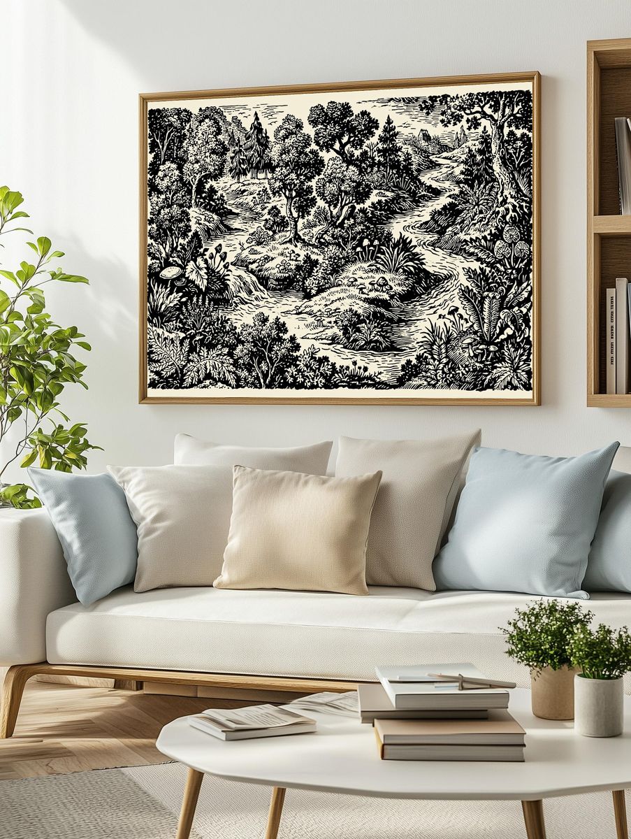 Woodland Stream Ink Illustration Poster. — room view 2