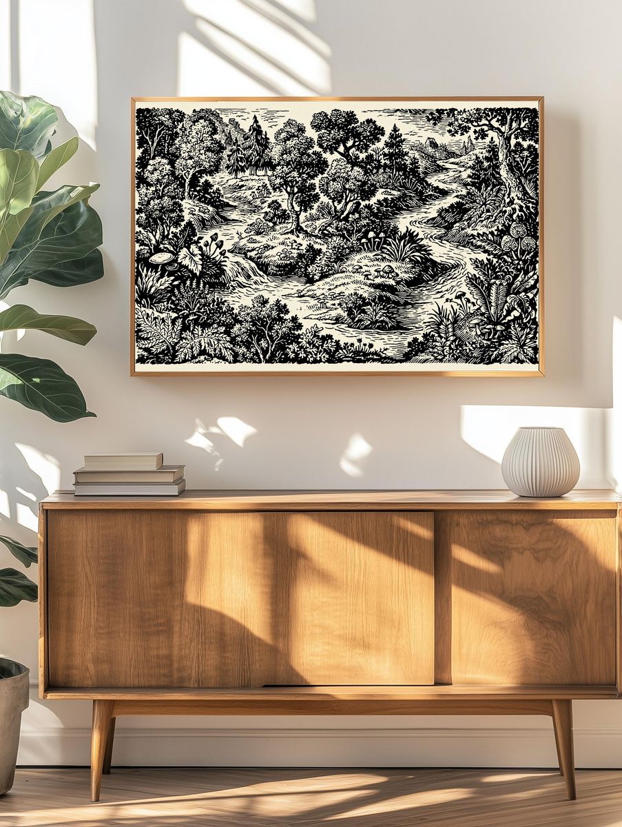 Woodland Stream Ink Illustration Poster. — room view 3