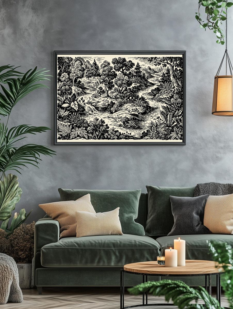 Woodland Stream Ink Illustration Poster. — room view 4