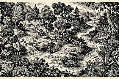Woodland Stream Ink Illustration Poster.
