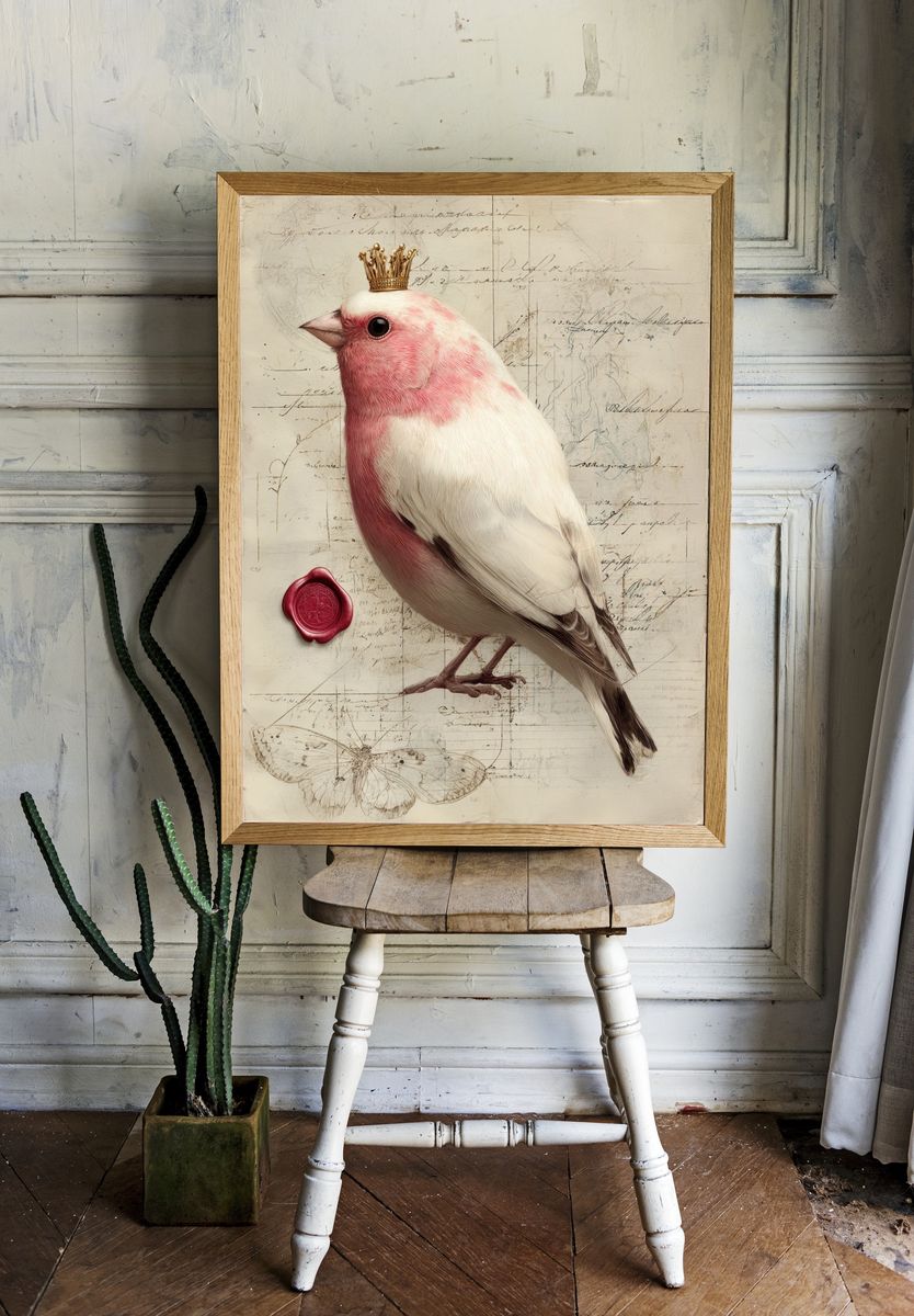 Crowned Pink Bird Illustration Poster. — room view 1