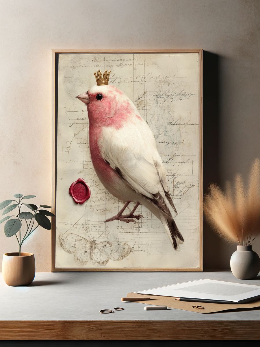 Crowned Pink Bird Illustration Poster. — room view 2