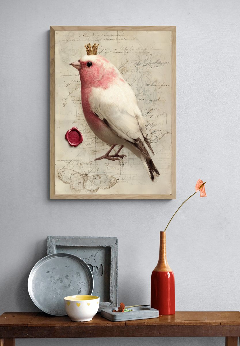 Crowned Pink Bird Illustration Poster. — room view 3
