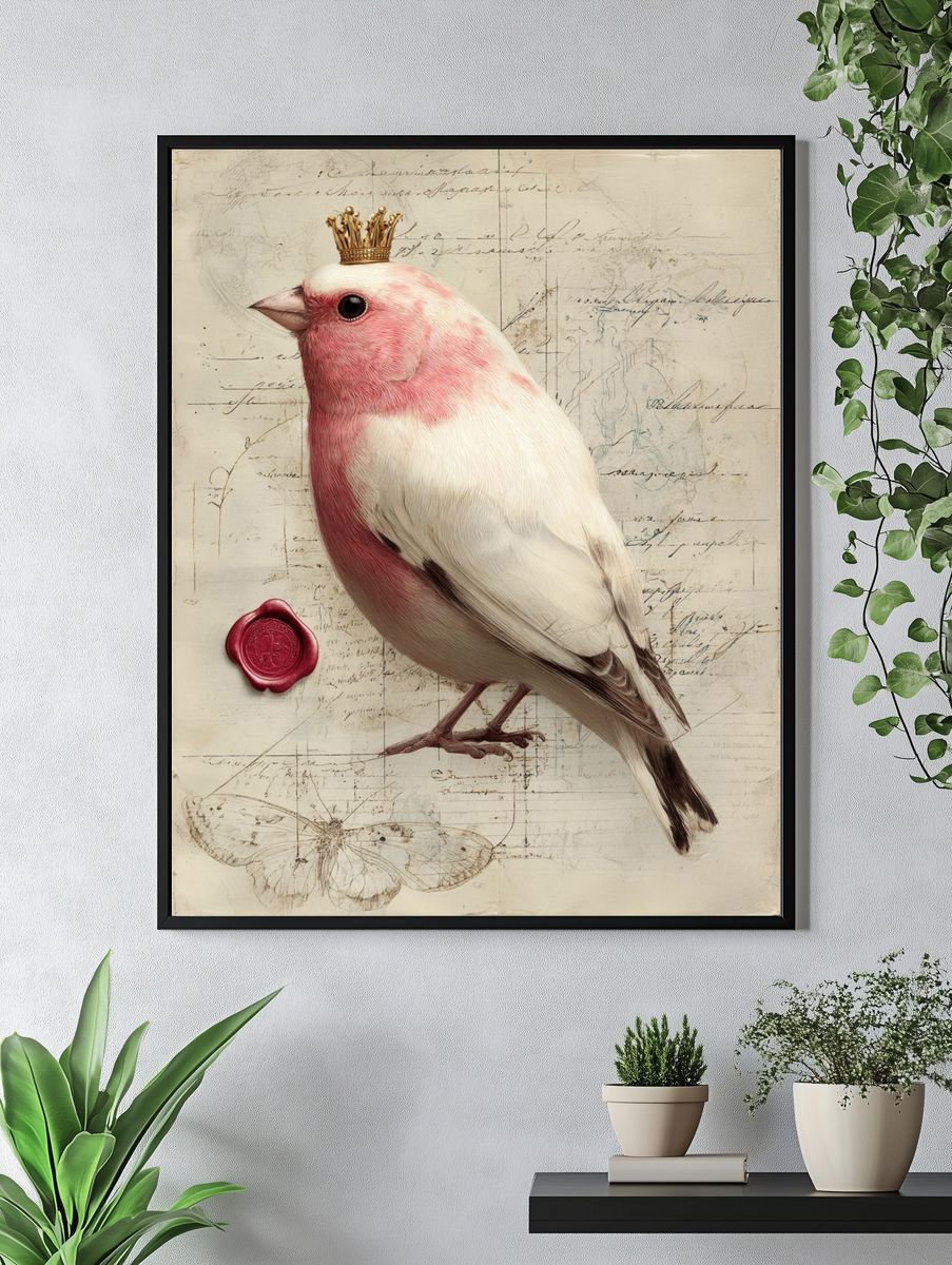 Crowned Pink Bird Illustration Poster. — room view 4