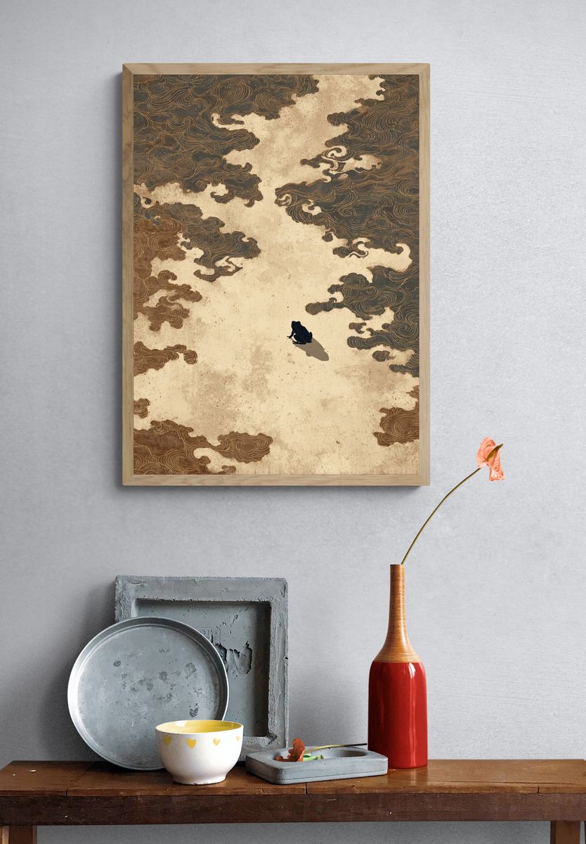 Frog in Cloudscape Illustration Poster. — room view 3