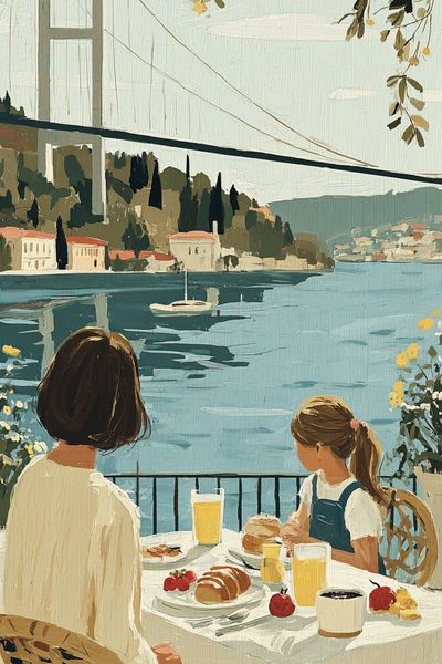 Bosphorus Breakfast Scene Illustration Poster.