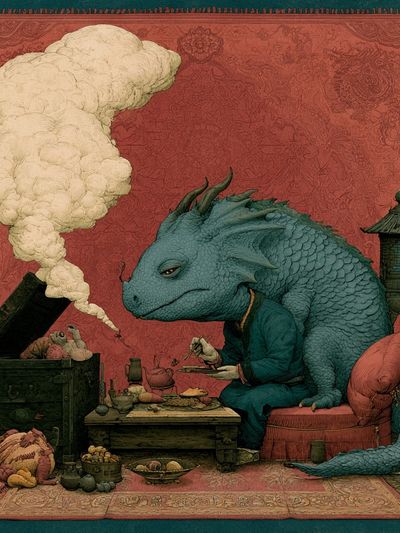 Dragon Tea Ceremony Surrealism Poster.