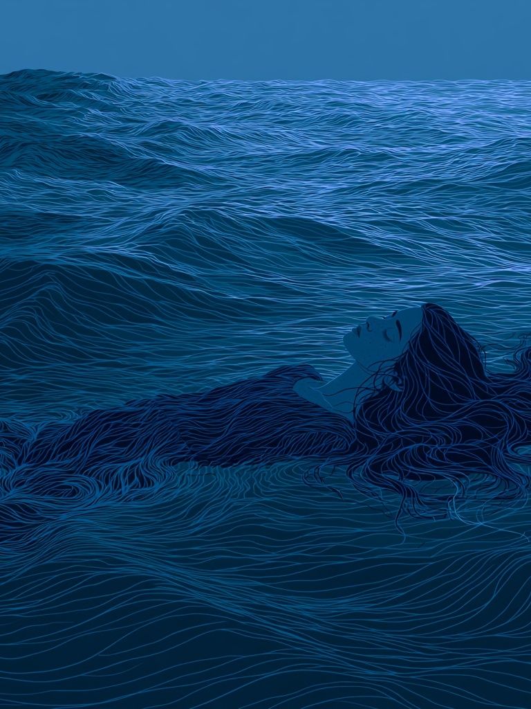 Floating Woman in Blue Sea Print. poster detail
