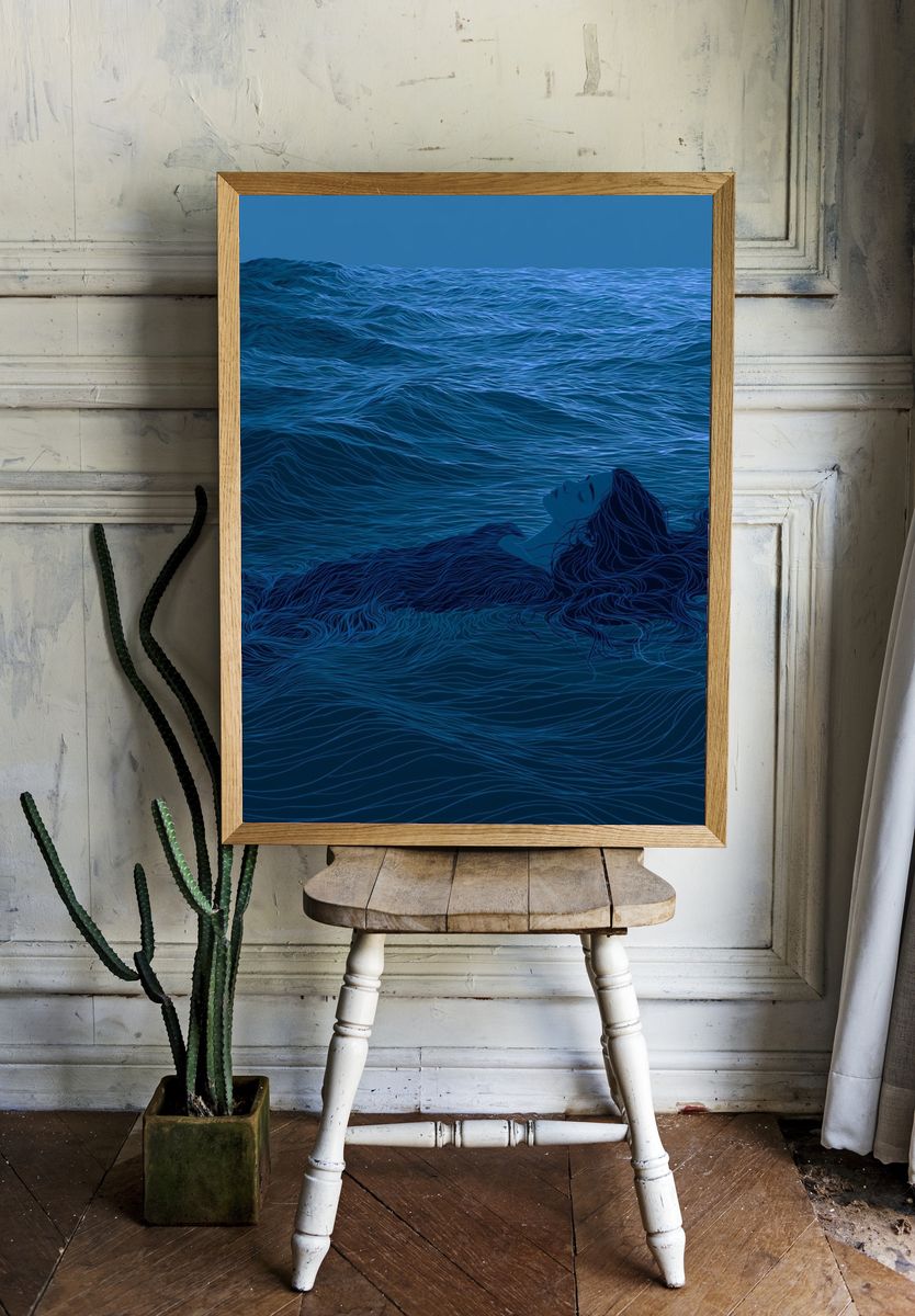 Floating Woman in Blue Sea Print. — room view 1