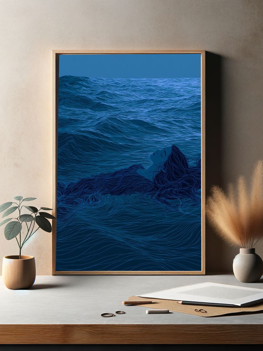 Floating Woman in Blue Sea Print. — room view 2