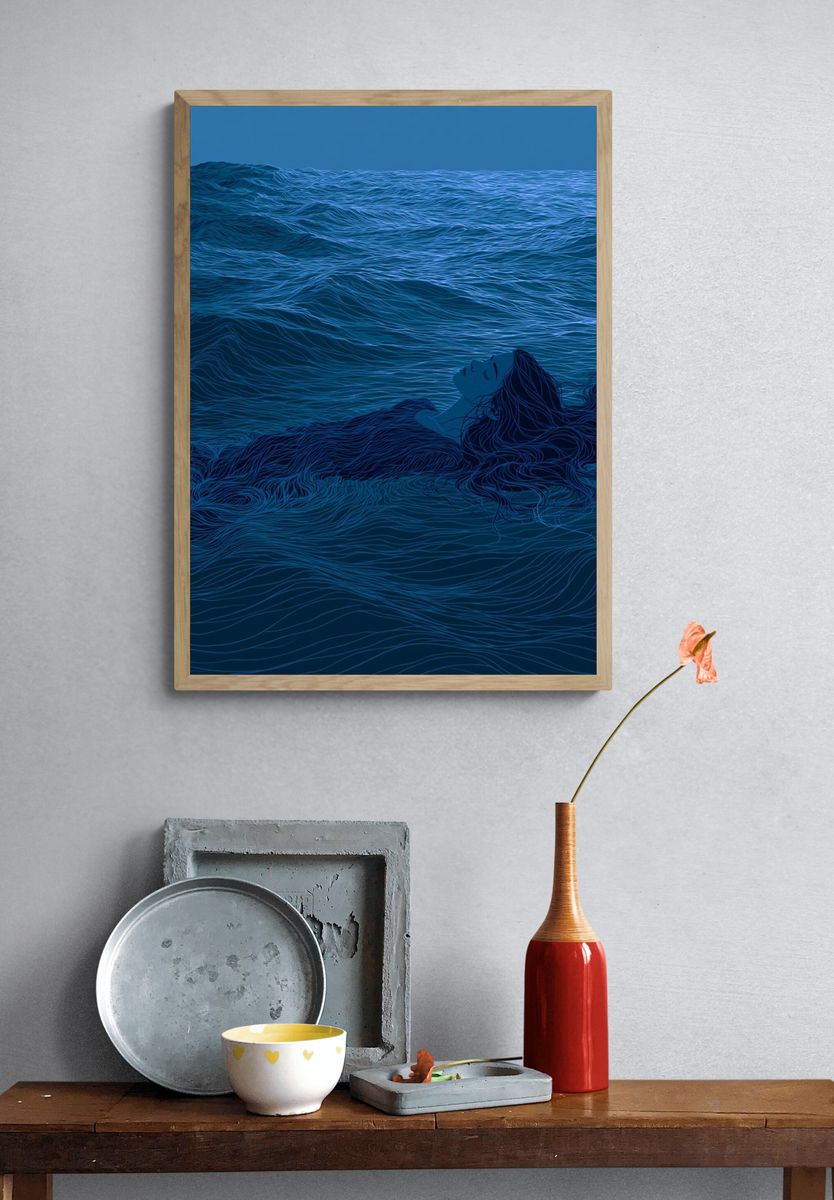 Floating Woman in Blue Sea Print. — room view 3