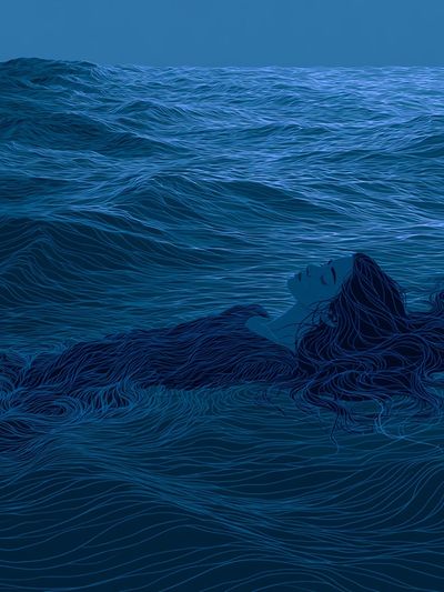 Floating Woman in Blue Sea Print. poster print