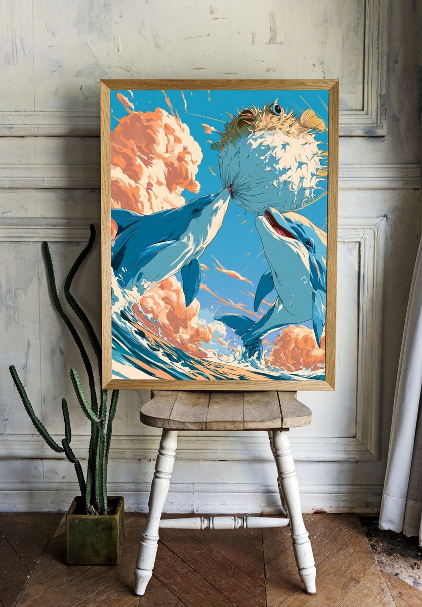 Dolphins and Pufferfish Ocean Print. room preview