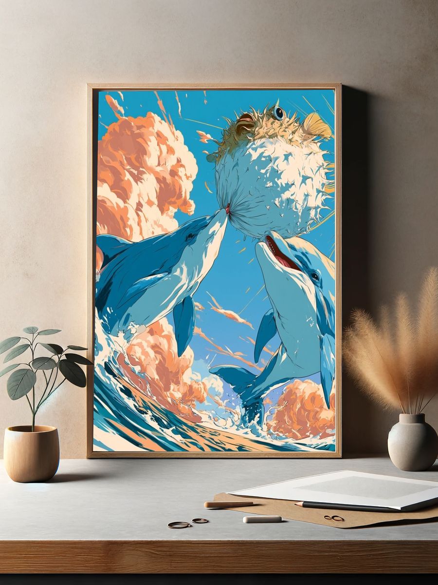 Dolphins and Pufferfish Ocean Print. — room view 2