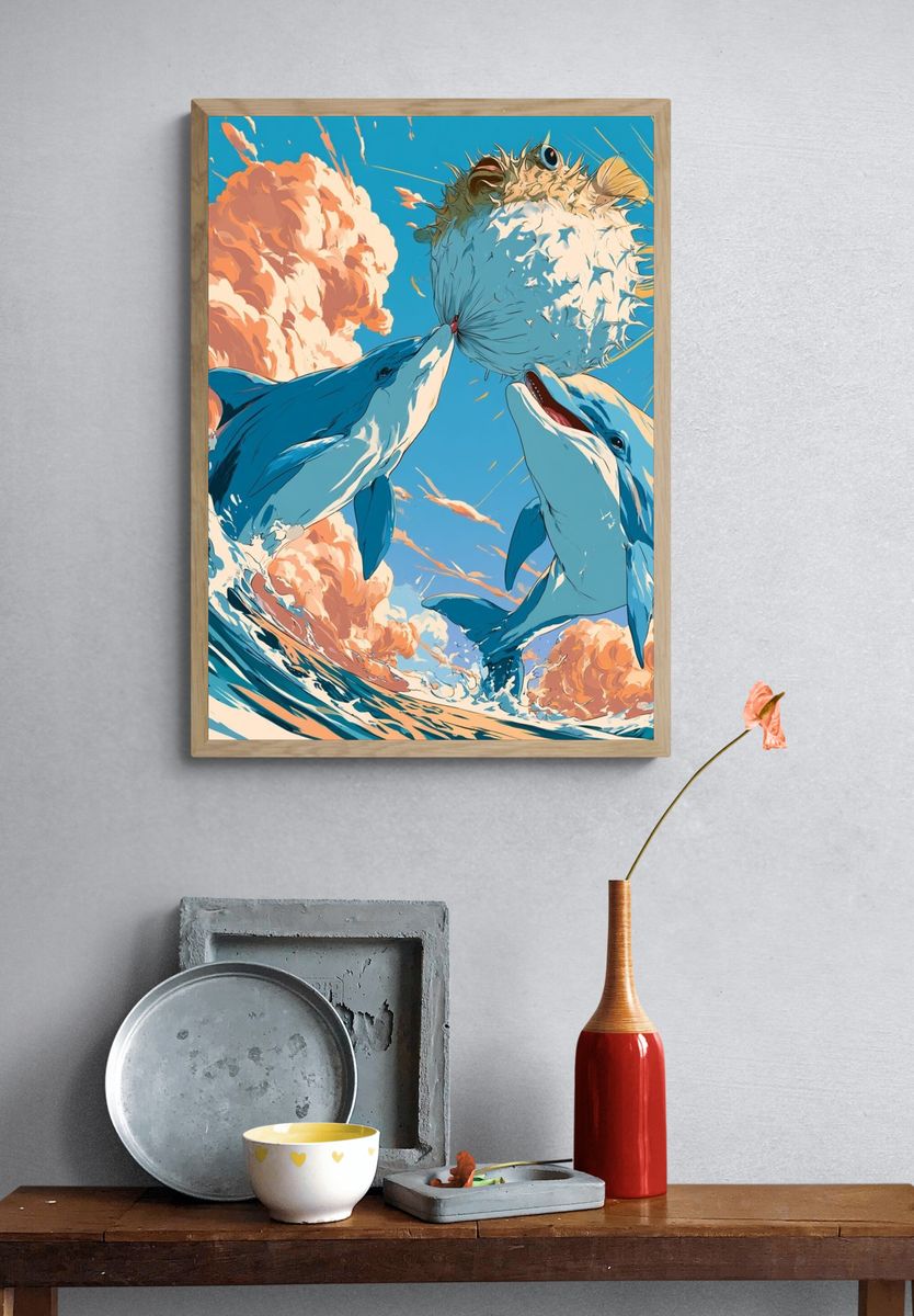 Dolphins and Pufferfish Ocean Print. — room view 3